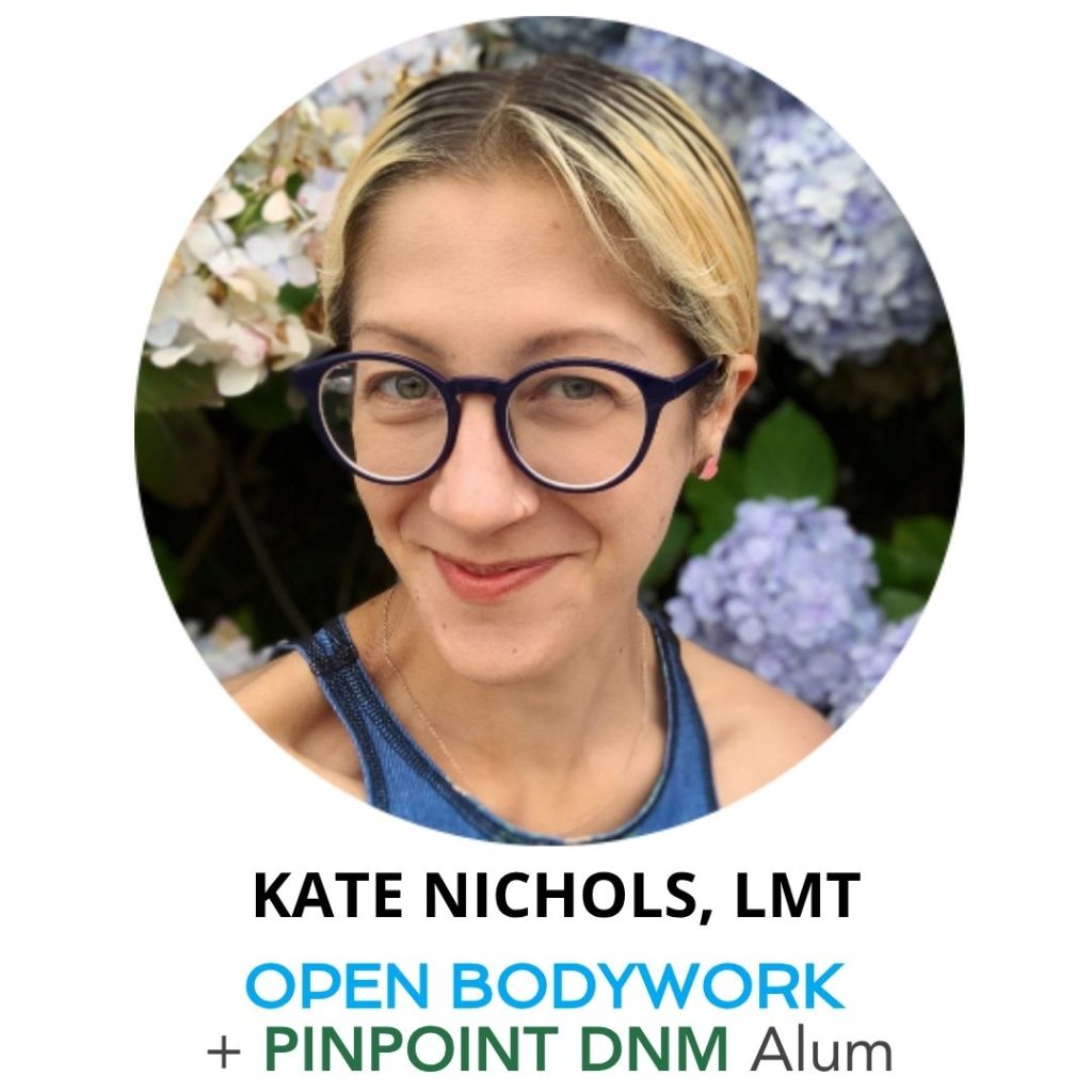 Kate Nichols LMT, Pinpoint DNM & OPEN Bodywork student of Tania Velasquez, smiling in front of hydrangeas.