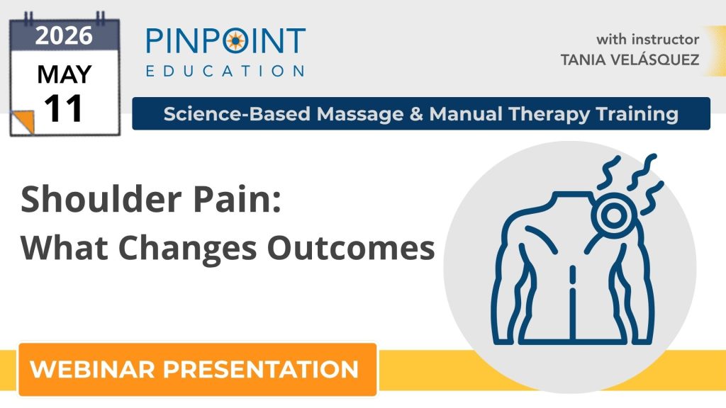 Webinar presentation by Tania Velásquez on techniques for shoulder pain, for massage and manual therapists.